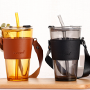 Straw glass cup with lid leather cover handle