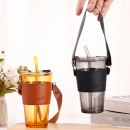 Straw glass cup with lid leather cover handle